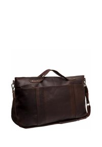 Sac en cuir marron de grande forme rectangulaire. Équipé de deux poignées supérieures, d'une bandoulière réglable, de coutures visibles et d'un design élégant.