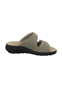 Beige suede open-toe slip-on sandal with two cutouts on upper, cushioned insole, and black textured sole for casual wear.