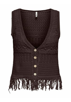 Gilet all'uncinetto marrone scuro con scollo a V, quattro bottoni frontali e rifinitura con frange lungo il bordo inferiore.