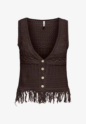 Gilet all'uncinetto marrone scuro con scollo a V, quattro bottoni frontali e rifinitura con frange lungo il bordo inferiore.