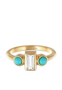 Guldtonad ring som har en rektangulär klar sten i mitten, omgiven av två runda turkosa stenar. Märkt 925 Ag inuti banden.