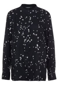Svart långärmad blus med knappstängning, prydd med ett spritt mönster av vita stjärnor, tillverkad av ett mjukt tyg med kragdesign.