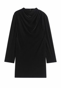 Schwarzes Samtkleid mit drapiertem Wasserfalleinsatz und langen Ärmeln. Verfügt über einen geraden Schnitt und eine glatte Textur, ideal für formelle Anlässe.