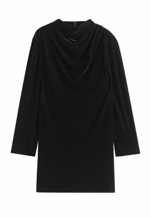 Musta samettimekko, jossa on laskostettu kaula-aukko ja pitkät hihat. Mekossa on suora leikkaus ja sileä rakenne, mikä tekee siitä ihanteellisen virallisiin tilaisuuksiin.