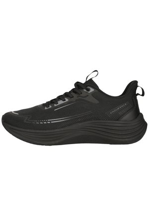 Chaussure de sport noire avec semelle texturée, design à lacets, languettes de traction sur la languette et le talon, et marquage "ENDURANCE" sur le côté.
