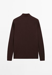 Dark brown long-sleeve mock neck shirt laid flat, showing the back side with a simple, smooth fabric texture.