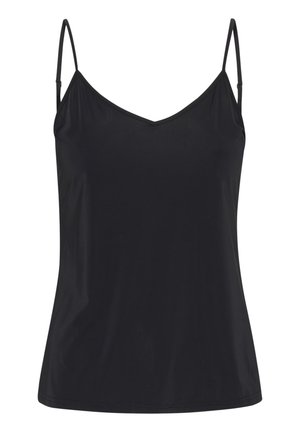 Zwarte top met verstelbare spaghettibandjes, V-halsontwerp, gemaakt van soepele stof, met een eenvoudige, niet-bloemrijke silhoutte.