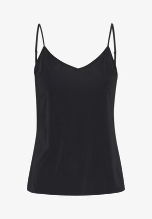Zwarte top met verstelbare spaghettibandjes, V-halsontwerp, gemaakt van soepele stof, met een eenvoudige, niet-bloemrijke silhoutte.
