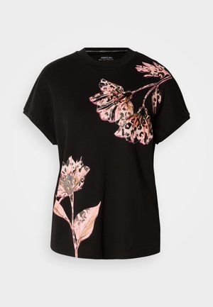 Zwarte T-shirt met korte mouwen, versierd met roze bloemen- en vlinderprints. Ronde halslijn, zachte katoen stof, losse pasvorm.