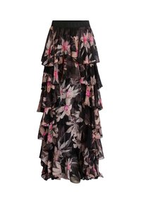 Sort blomsterlange maxi-nederdel med pink og creme blomstermønstre, lavet af gennemsigtig stof, har et elastisk bælt med branding.