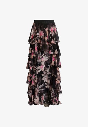 Gonna maxi nera a strati con motivi floreali rosa e crema, realizzata in tessuto trasparente, presenta una vita elasticizzata con marchio.