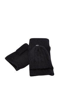 Ensemble de bonnet en tricot noir et de gants sans doigts, présentant une texture côtelée et un bouton décoratif sur le bonnet. Matériau en laine doux et chaud.