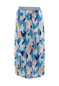 Gonna midi plissettata in azzurro chiaro, bianco e tonalità pastello con forme astratte. Presenta un elastico brillante in vita. Tessuto morbido e fluido.