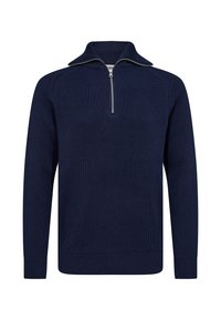 Pull-over en tricot bleu marine avec une demi-fermeture éclair et un col haut. Présente une texture côtelée et des manches longues. Design simple, sans motifs ni accents.