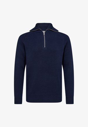 Pullover in maglia blu navy con mezza zip e collo alto. Presenta una texture a coste e maniche lunghe. Design semplice, senza motivi o decorazioni.