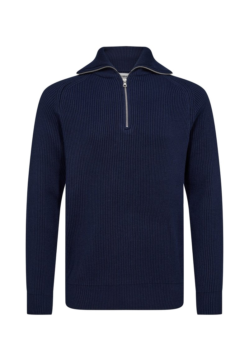 Pull-over en tricot bleu marine avec une demi-fermeture éclair et un col haut. Présente une texture côtelée et des manches longues. Design simple, sans motifs ni accents.