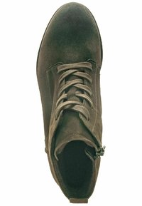 Bottine en suede marron avec bout rond, design à lacets, détail de fermeture éclair sur le côté et texture lisse, adaptée pour un usage décontracté.