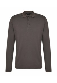 Koszulka polo z długim rękawem w ciemnobrązowym materiale. Posiada kołnierzyk, listwę z trzema guzikami oraz dopasowany krój. Miękka, gładka w dotyku.