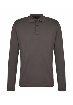 Koszulka polo z długim rękawem w ciemnobrązowym materiale. Posiada kołnierzyk, listwę z trzema guzikami oraz dopasowany krój. Miękka, gładka w dotyku.