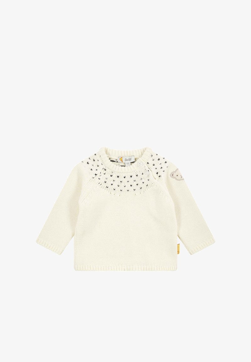 Kremowy sweter dzianinowy z długim rękawem, wzorzystym karczkiem oraz małym akcentem w postaci misia na rękawie. Posiada okrągły dekolt i metkę.