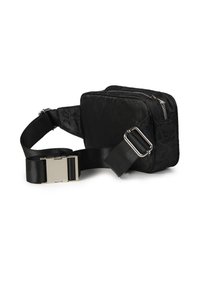 Svart tygväska med blommönster, dragkedjestängning och justerbar rem. Metallspännen som accentuerar och rektangulär form. Kompakt design.