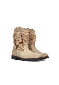 Beige enkellaarsjes met een zachte, gestructureerde schapenvachtontwerp. Voorzien van een bloemenpatroon in roze en bruine borduursels en een platte zool.