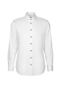Chemise blanche à manches longues avec boutons noirs, col classique et poignets boutonnés, présentée sur un fond uni.