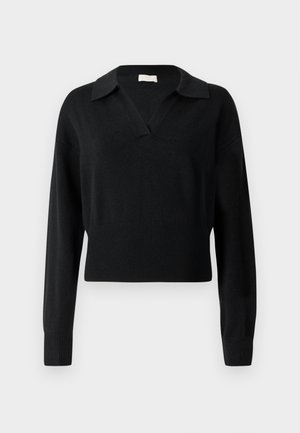 Black knitted sweater with a V-neck, long sleeves, and a cropped design. Features a ribbed texture at the hem and cuffs.