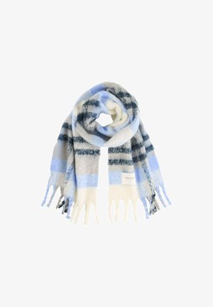 Sciarpa morbida intrecciata con motivo a quadri blu, nero, beige e bianco e estremità sfrangiate, piegata in un anello morbido.