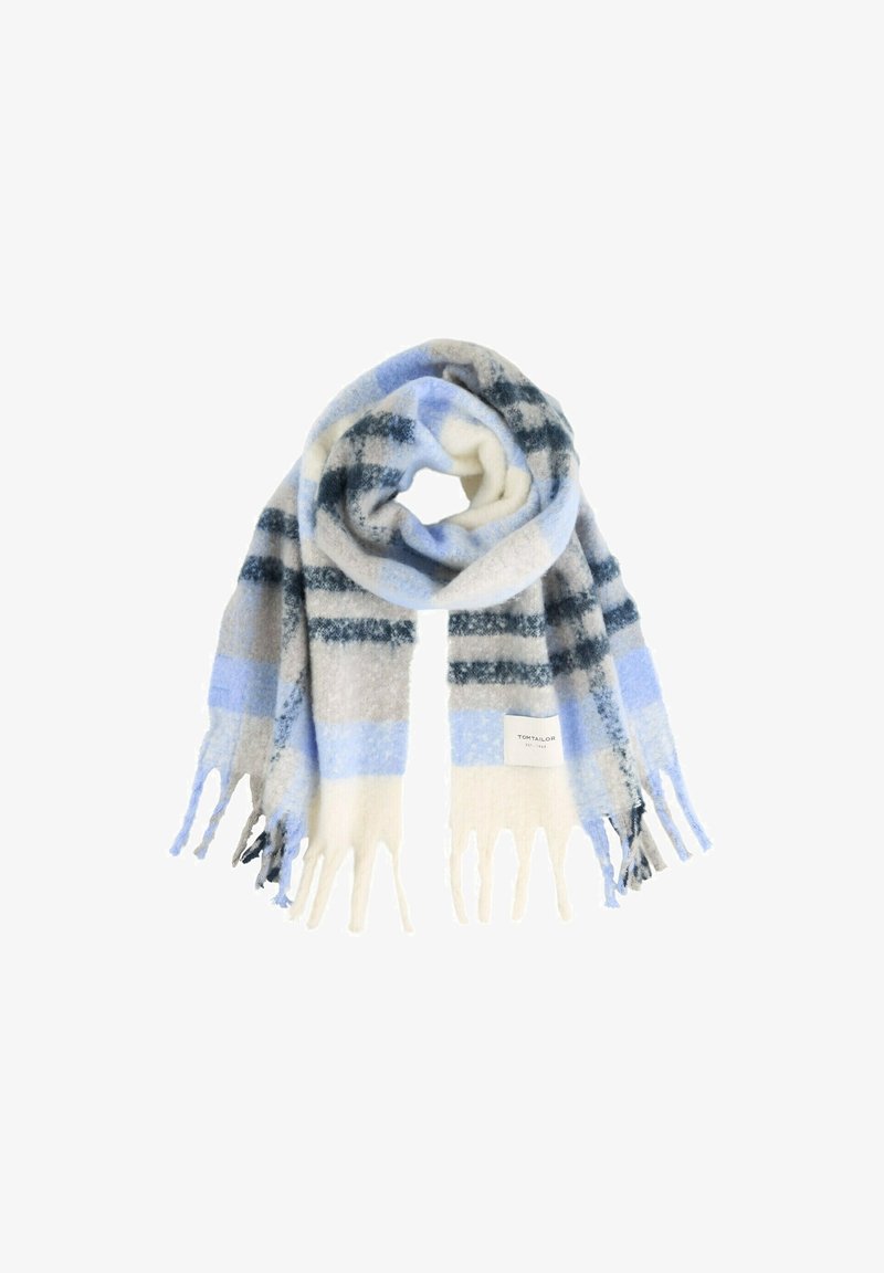 Écharpe tissée douce à motif écossais bleu, noir, beige et blanc avec des extrémités à franges, pliée en une boucle lâche.