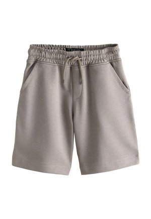 Gray elastic waist shorts with drawstring and side pockets, made of soft fabric, displayed on a white background.