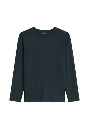 Dunkel marineblaues Langarmshirt mit Rundhalsausschnitt und dezentem Logo auf der Brust, flach liegend auf weißem Hintergrund.