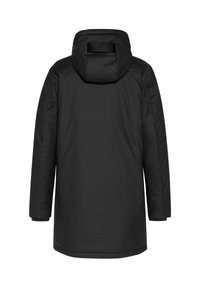 Schwarzer wasserdichter Parka mit Kapuze, langen Ärmeln, Ziernähten und einem Saum, der bis zur Mitte der Oberschenkel reicht. Keine sichtbaren Verschlüsse.