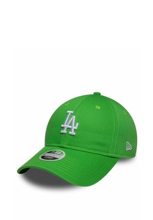 Bright green baseball cap with white "LA" logo front center and adjustable strap, showing New Era brand label on the visor.
