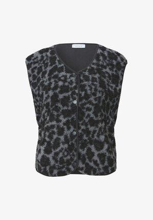 Grey and black sleeveless vest with a textured, fuzzy fabric featuring a leopard print pattern, button closure, and contrasting trim.
