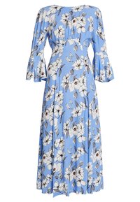 Floral maxi dress in light blue fabric, featuring a fitted bodice, flared sleeves, and a pattern of white flowers with dark accents.