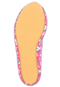 Bunte, rosafarbene Einlegesohle mit Einhorn-Motiven; glatte, strukturierte orangene Unterseite mit abgerundeten Kanten und unterstützender Polsterung.