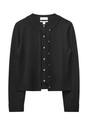Black long-sleeve button-up cardigan with round neckline and ribbed cuffs and hem, displayed flat against white background.