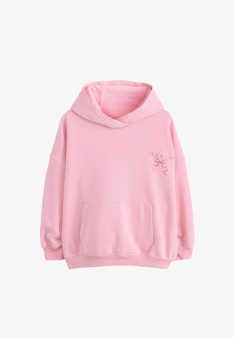 Sweat à capuche rose clair avec poche kangourou devant et petit motif nœud avec texte sur la poitrine gauche, poignets et ourlet côtelés.