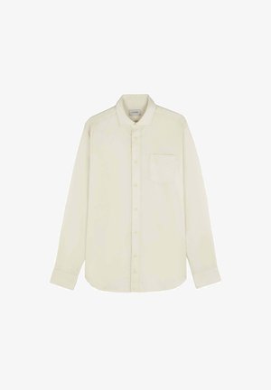 Chemise à manches longues jaune clair en coton doux, avec un devant boutonné, un col pointu et une poche poitrine.