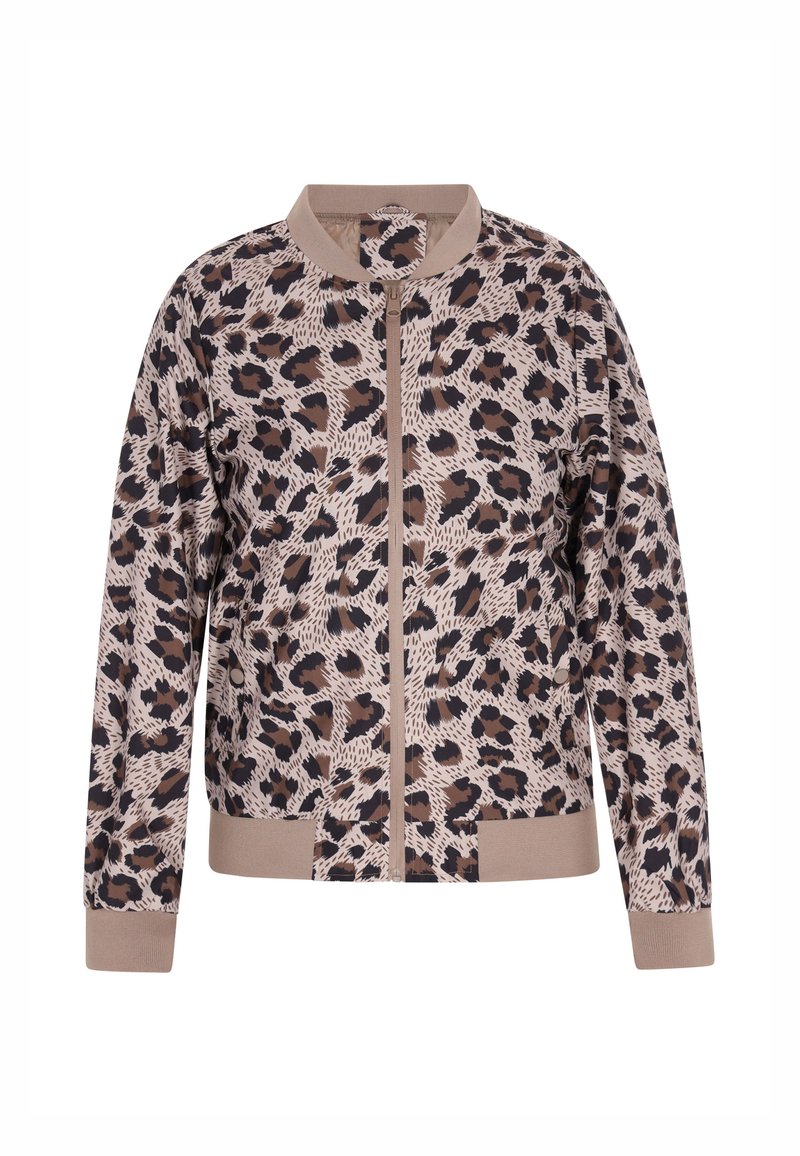Giacca bomber a fantasia leopardata in beige, con zip frontale, collo e polsini a costine. Texture liscia con dettagli in contrasto color tan.