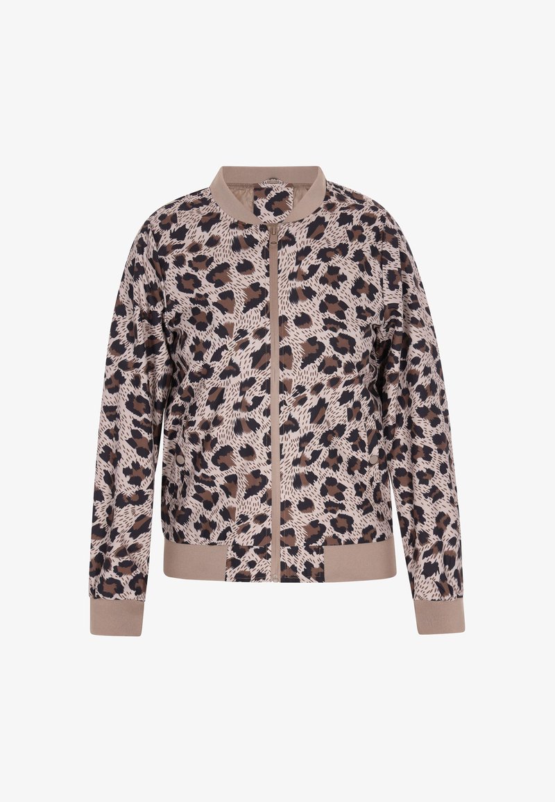 Bomber bunda s leopardím potiskem v béžové barvě, se zipem vpředu, žebrovaným límcem a manžetami. Hladká textura s kontrastními hnědými akcenty.