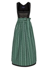 Traditionelles Dirndlkleid mit einem taillierten schwarzen Mieder und dekorativen Schnürungen, einem fließenden, grün-weiß gemusterten Rock und einem passenden Gürtel.