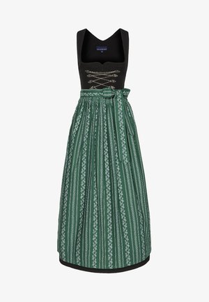 Traditionelles Dirndlkleid mit einem taillierten schwarzen Mieder und dekorativen Schnürungen, einem fließenden, grün-weiß gemusterten Rock und einem passenden Gürtel.