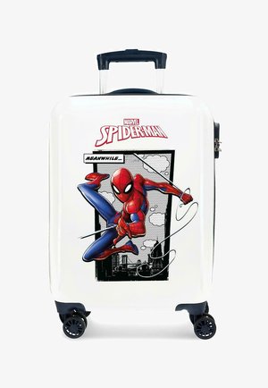 Valigia rigida bianca con quattro ruote, con Spider-Man in posa d'azione e logo rosso "Spider-Man" sopra.