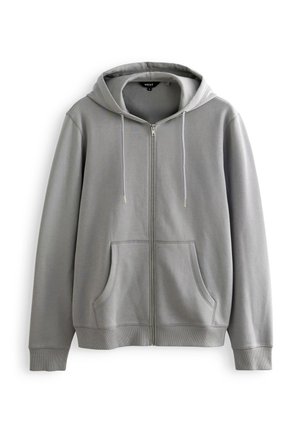 Grauer Reißverschluss-Hoodie aus weichem Material. Verfügt über eine Kapuze, Kängurutaschen und gerippte Bündchen. Minimalistisches Design mit Kordeln.