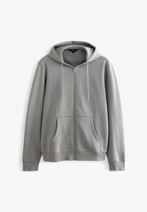 Grauer Reißverschluss-Hoodie aus weichem Material. Verfügt über eine Kapuze, Kängurutaschen und gerippte Bündchen. Minimalistisches Design mit Kordeln.
