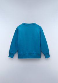 Pullover turchese con collo e polsini a coste, realizzato in materiale morbido; presenta un design pulito e semplice senza ulteriori accenti.