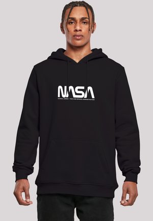 Black hooded sweatshirt with a front pocket, featuring a bold white NASA logo and text. Made from soft fabric with a relaxed fit.