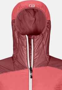 Rosa isolierte Jacke mit hohem Kragen, ausgestattet mit einem Doppelreißverschluss und weichem, strukturiertem Stoff. Glatte und gesteppten Oberflächendetails.